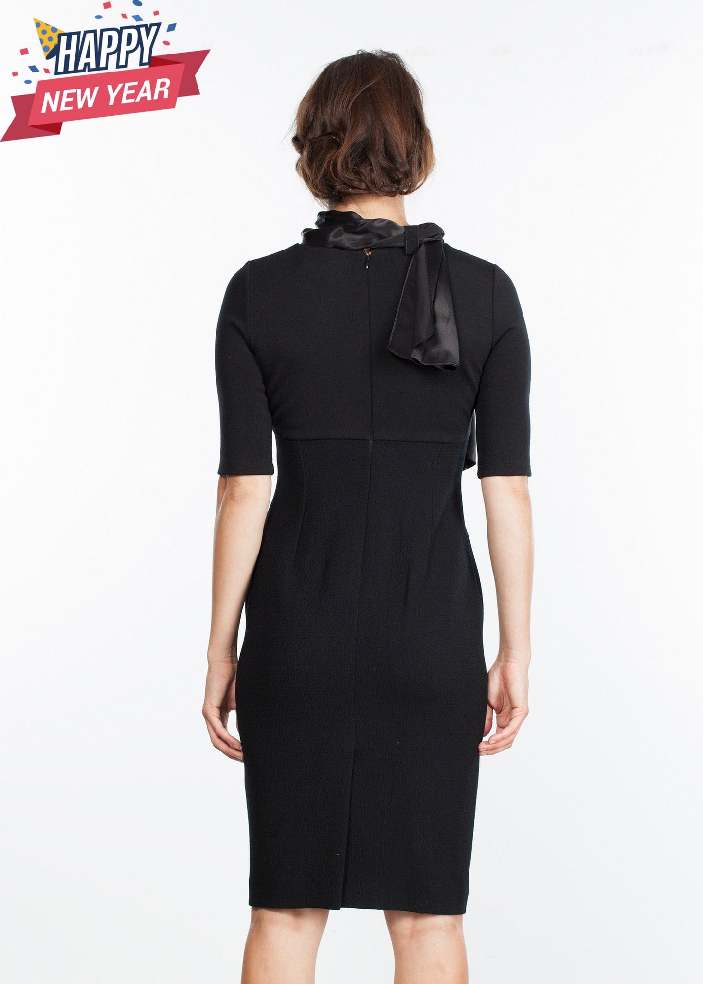 Tie Neck Wool Dress in Black