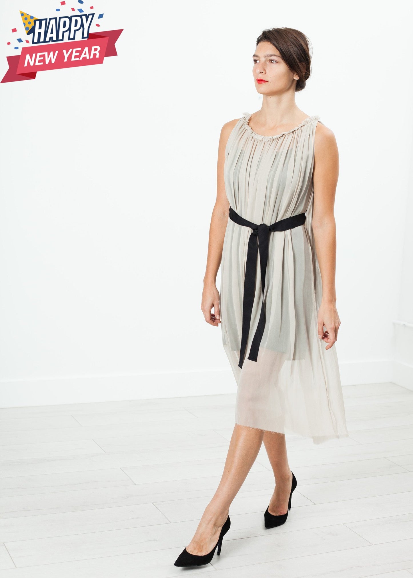 Chiffon Cape Back Dress in Sand