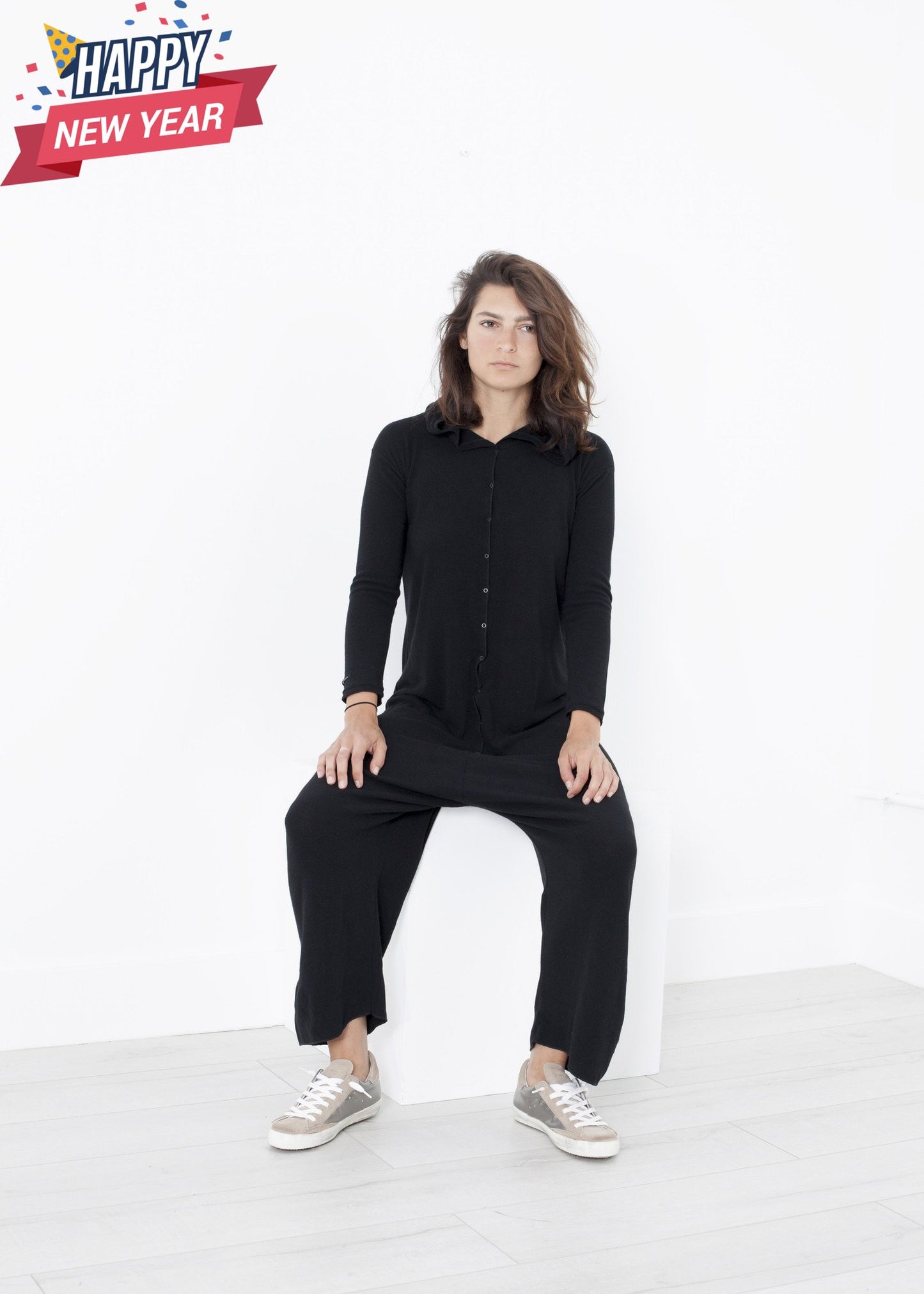 Knit Hooded Jumpsuit in Black