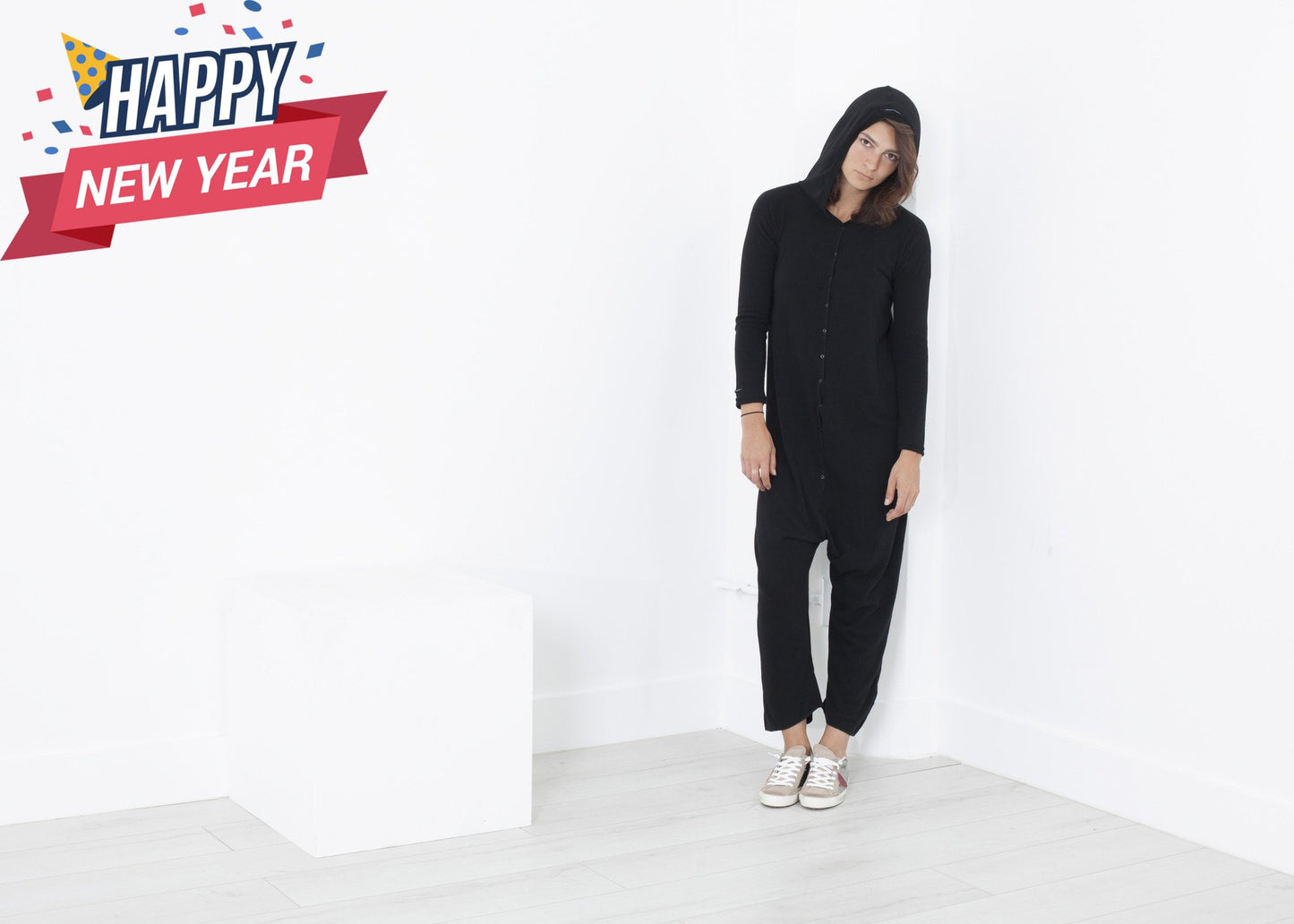 Knit Hooded Jumpsuit in Black