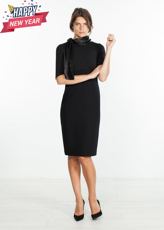 Tie Neck Wool Dress in Black
