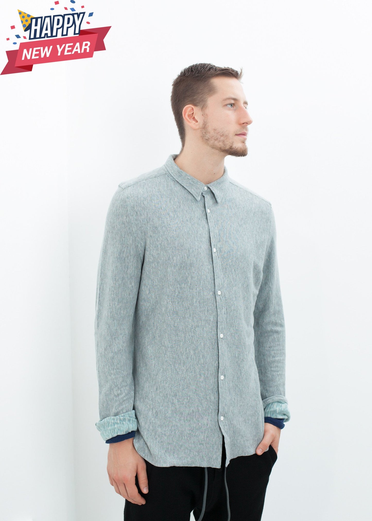 Kasuri Jersey Button-Up in Blue Grey