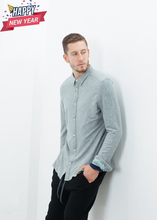 Kasuri Jersey Button-Up in Blue Grey