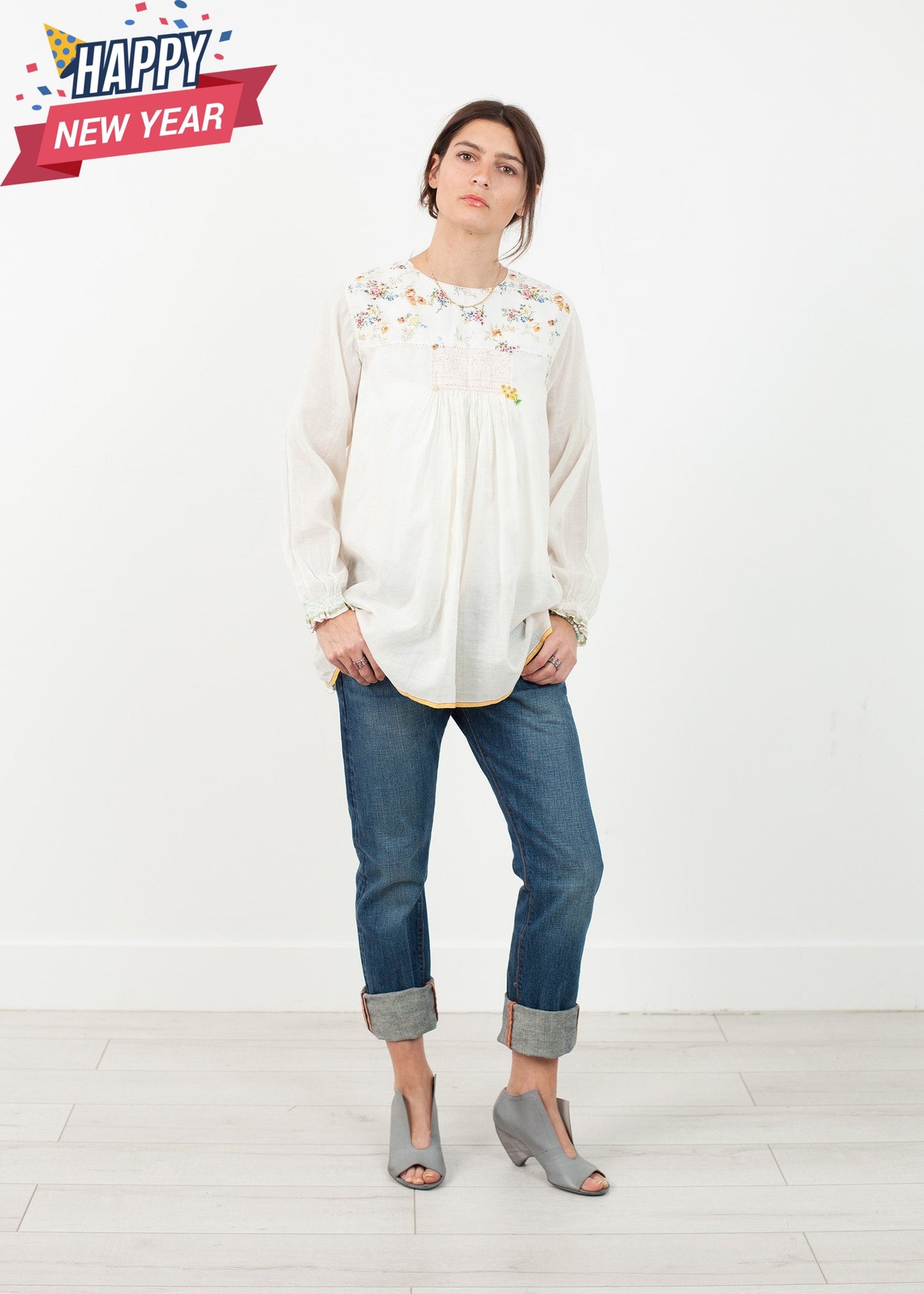 Floral Front Peasant Blouse in White