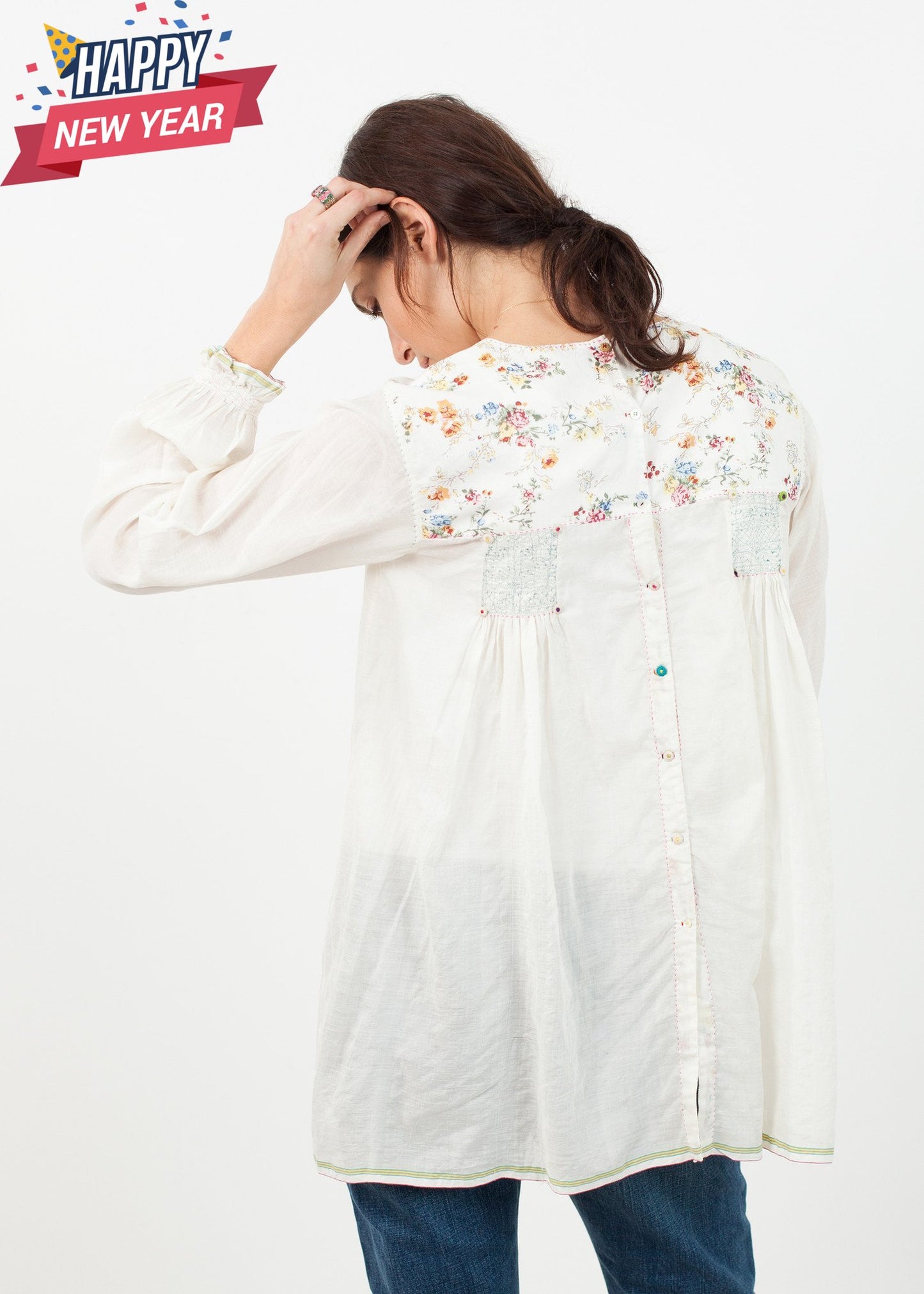 Floral Front Peasant Blouse in White