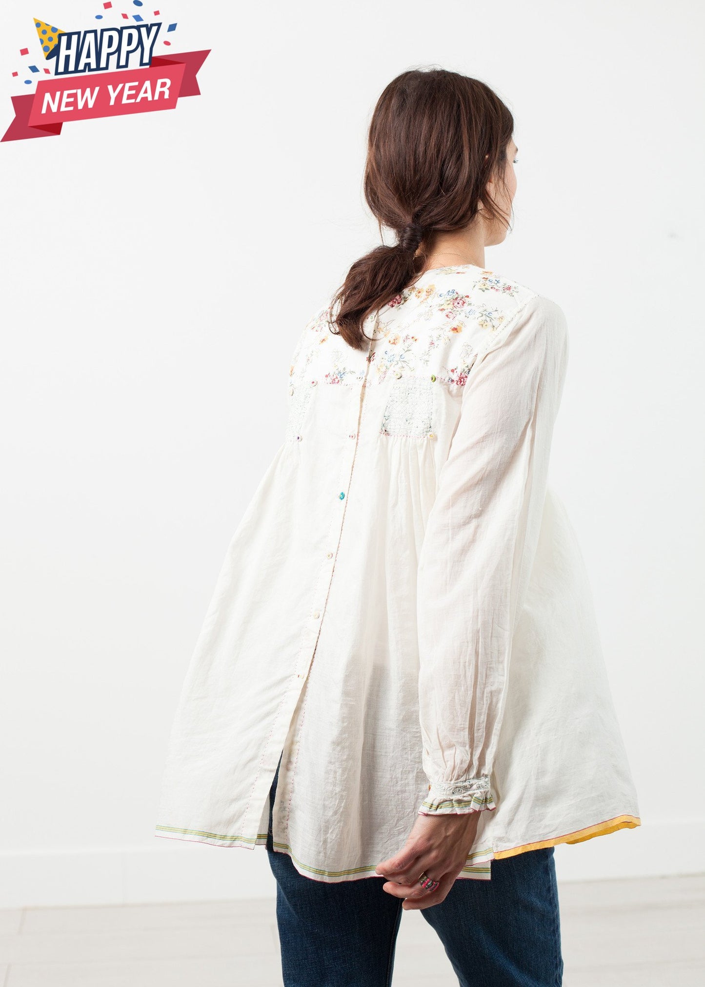 Floral Front Peasant Blouse in White