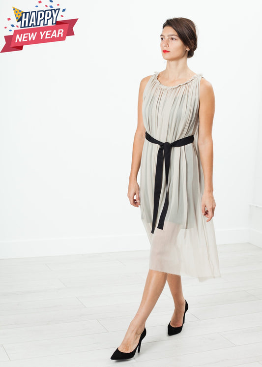 Chiffon Cape Back Dress in Sand