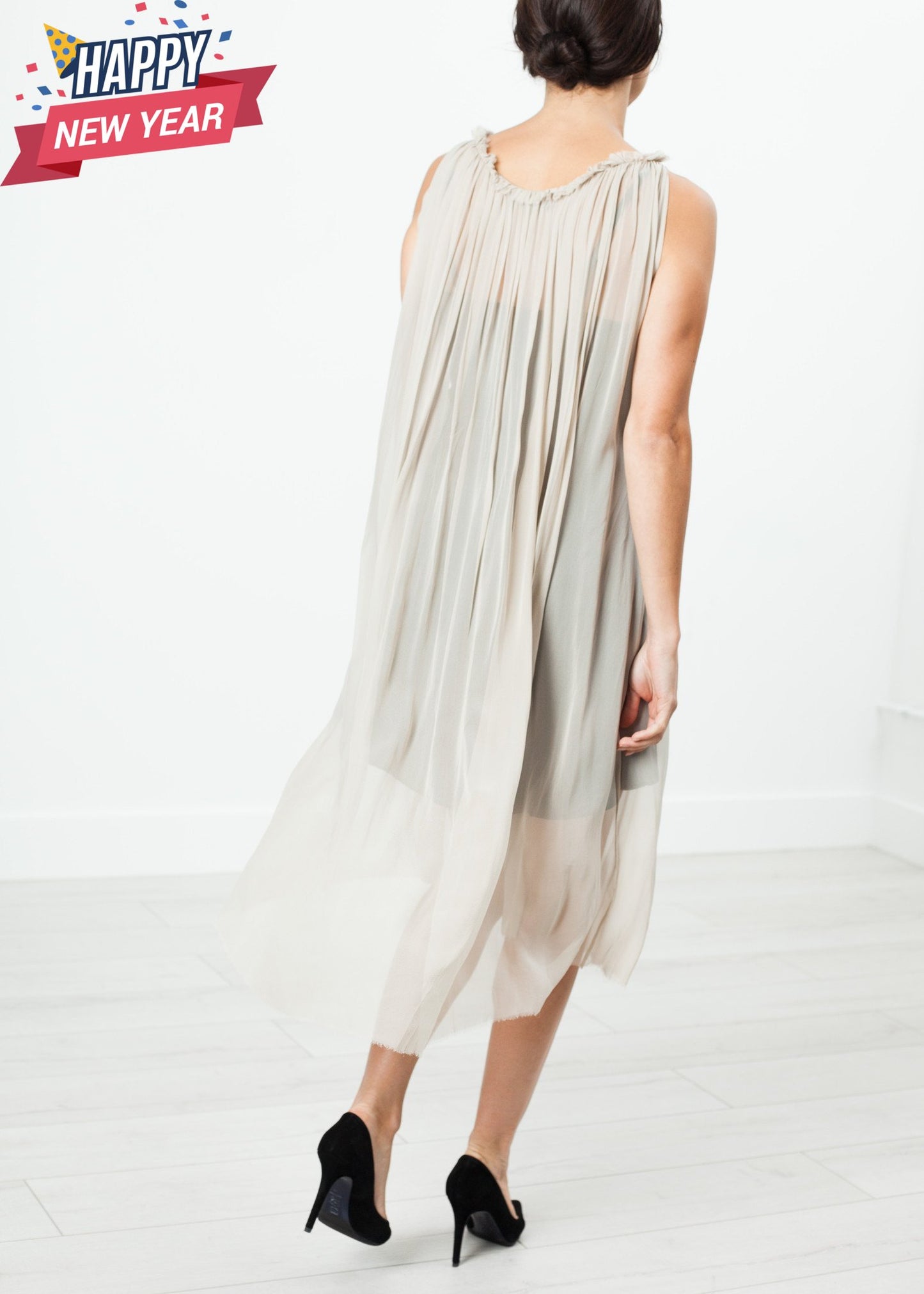 Chiffon Cape Back Dress in Sand