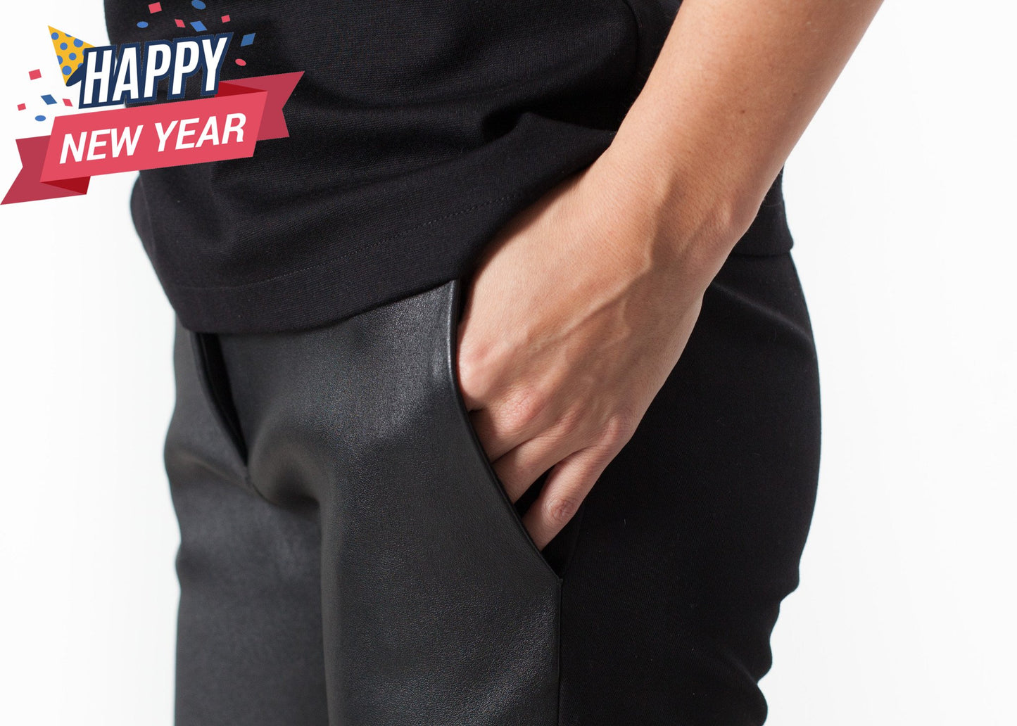 Leather Panel Trouser in Black